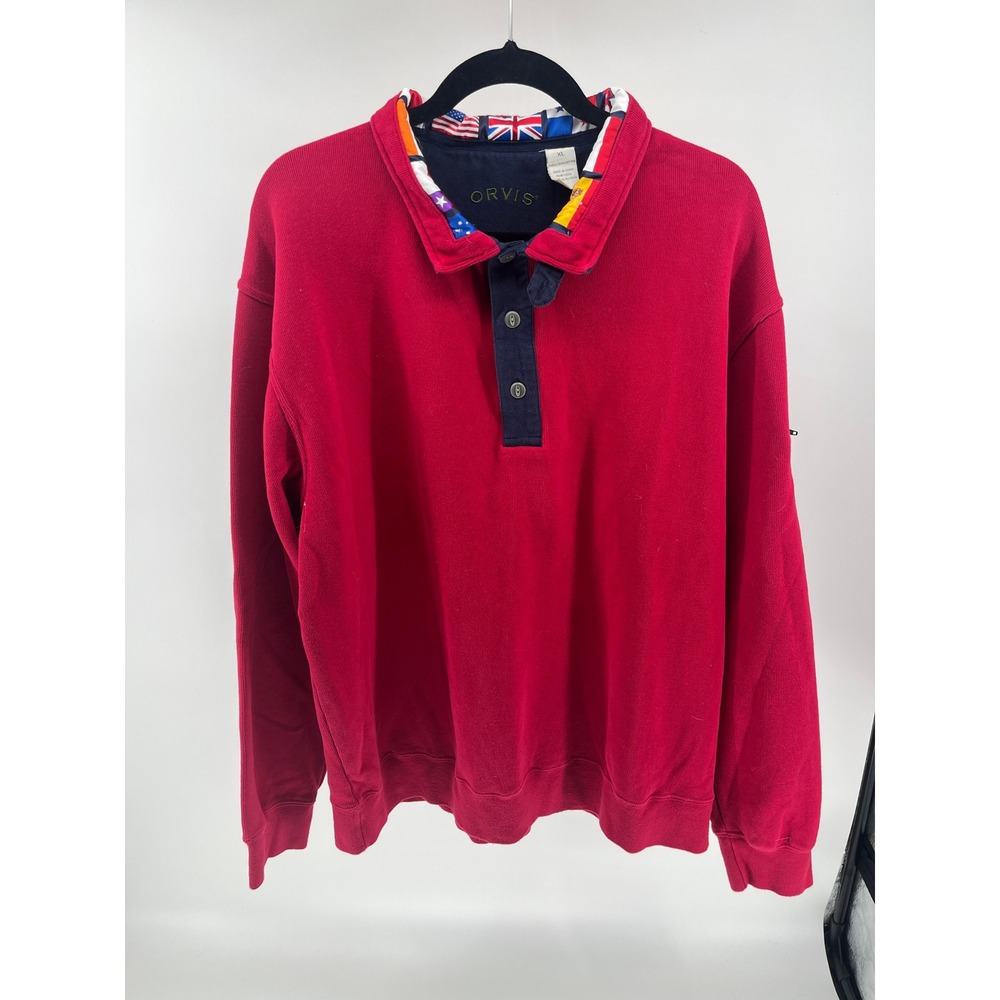 ORVIS Red Rugby Sweatshirt Men's Size XL International Flag Collar Patch Elbows - Picture 2 of 8